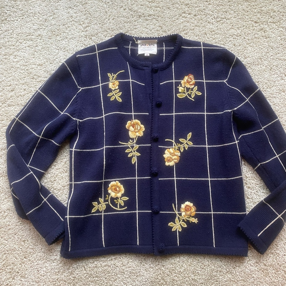 Vintage Blue Button Up Cardigan Yellow Floral Detailing size M